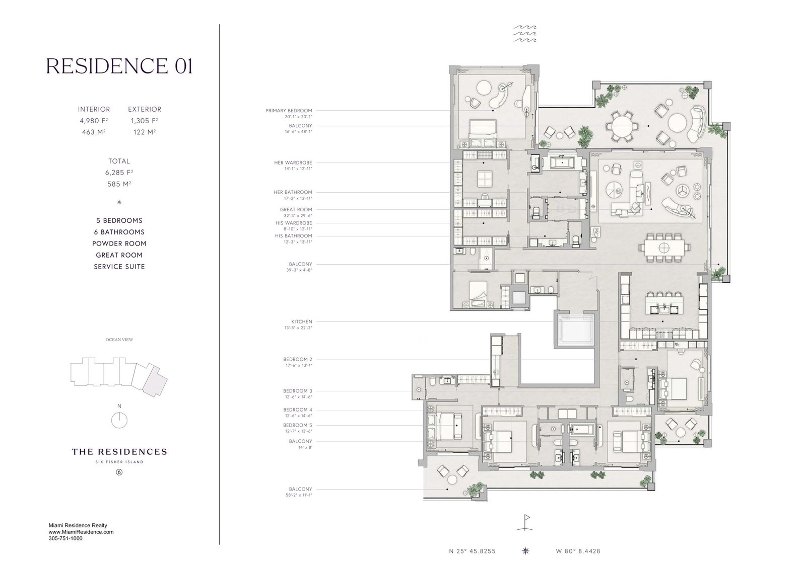The Residences at Six Fisher Island Residence 01 floor plan — 5 Bedrooms bedroom, 6.5 Bathrooms bath, 4,980 sq ft